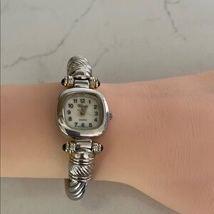 Silver and Gold Bangle-Style Watch with Twisted Bracelet